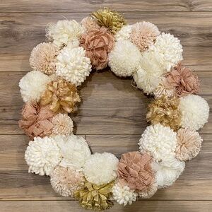 Neutral Holiday Pom-Pom Wreath with Gold Accents